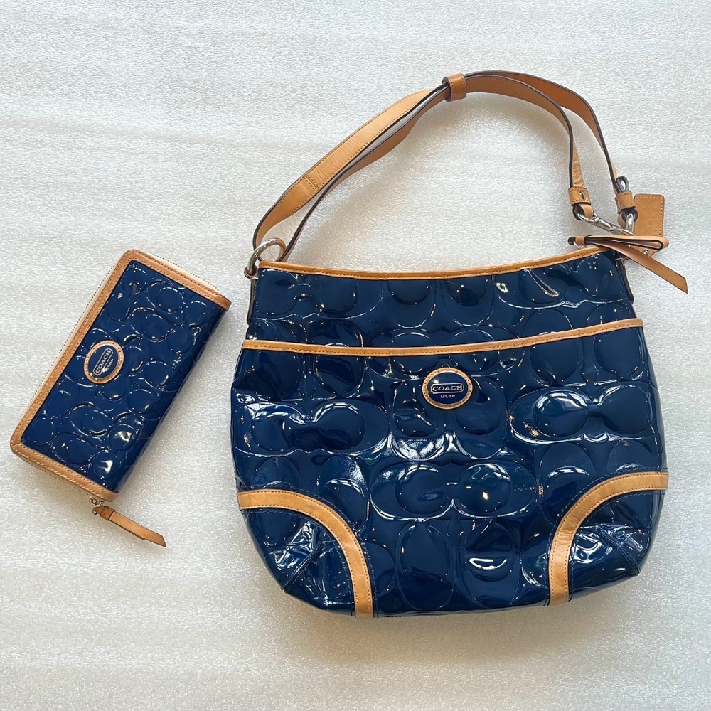 COACH Navy Blue Patent Leather Shoulder Bag and matching wallet.